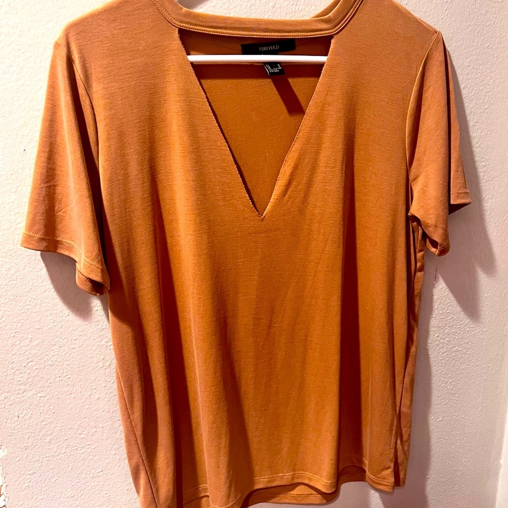 This camel colored choker like design with the scoop neck, T-shirt slinky fabric